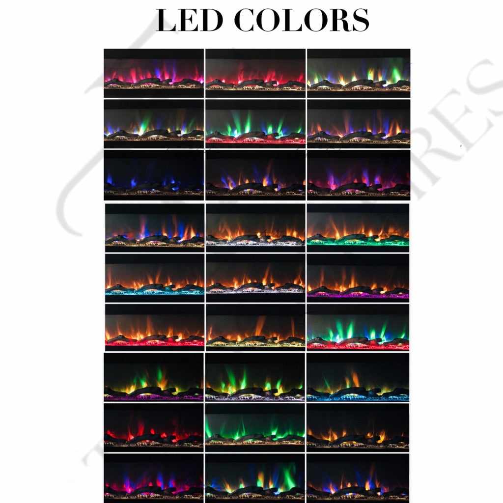 Aurora 50 Inch Media Wall Electric Fire Insert showing a grid of various multi-coloured LED flame effect settings.