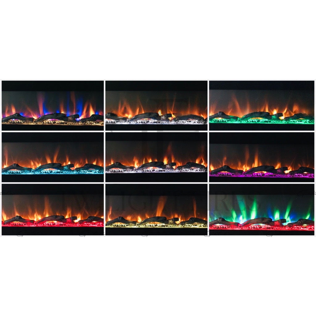 Aurora 50 Inch Media Wall Electric Fire Insert showing nine variations of multicoloured LED flame and fuel bed effects.