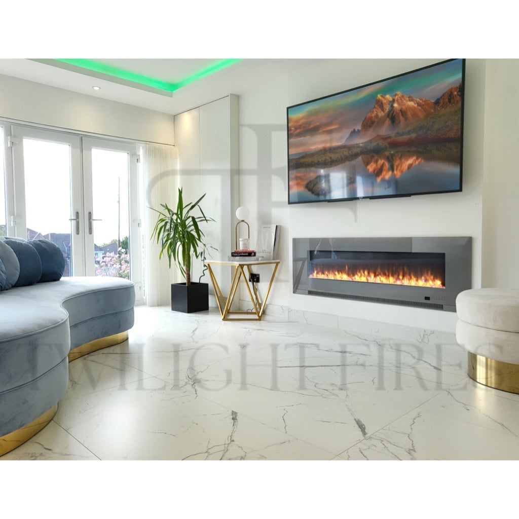 Aurora 50 Inch Media Wall Electric Fire Insert with a sleek grey frame and realistic flame effect in a modern lounge.