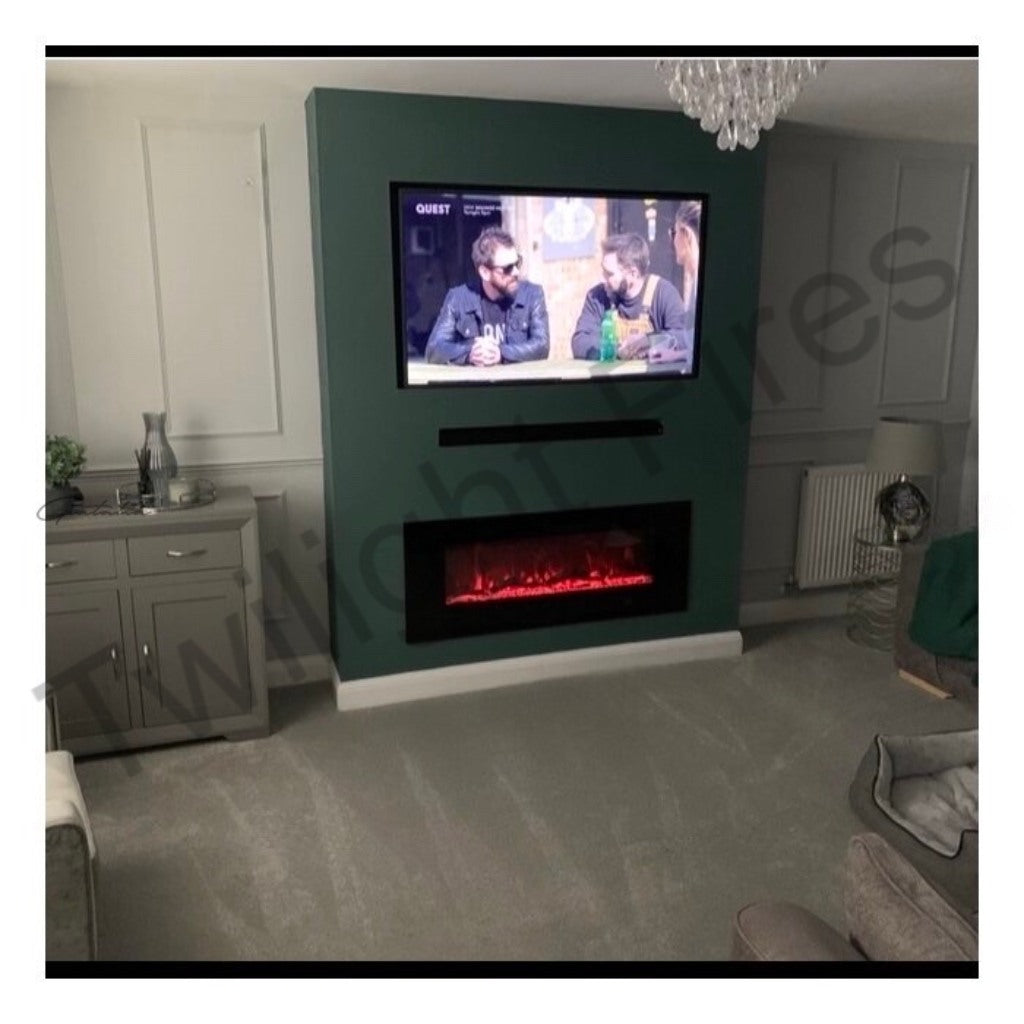 Aurora 60 Inch Media Wall Electric Fire Insert with glowing red flames, set into a dark green feature wall below a TV.