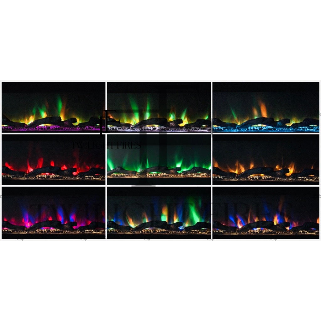 Aurora 60 Inch Media Wall Electric Fire Insert showing nine variations of multicoloured LED flame effects and logs.