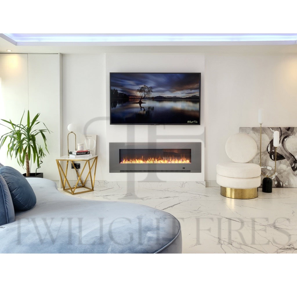Aurora 60 Inch Media Wall Electric Fire Insert with a sleek grey frame and glowing flames in a modern white living room.