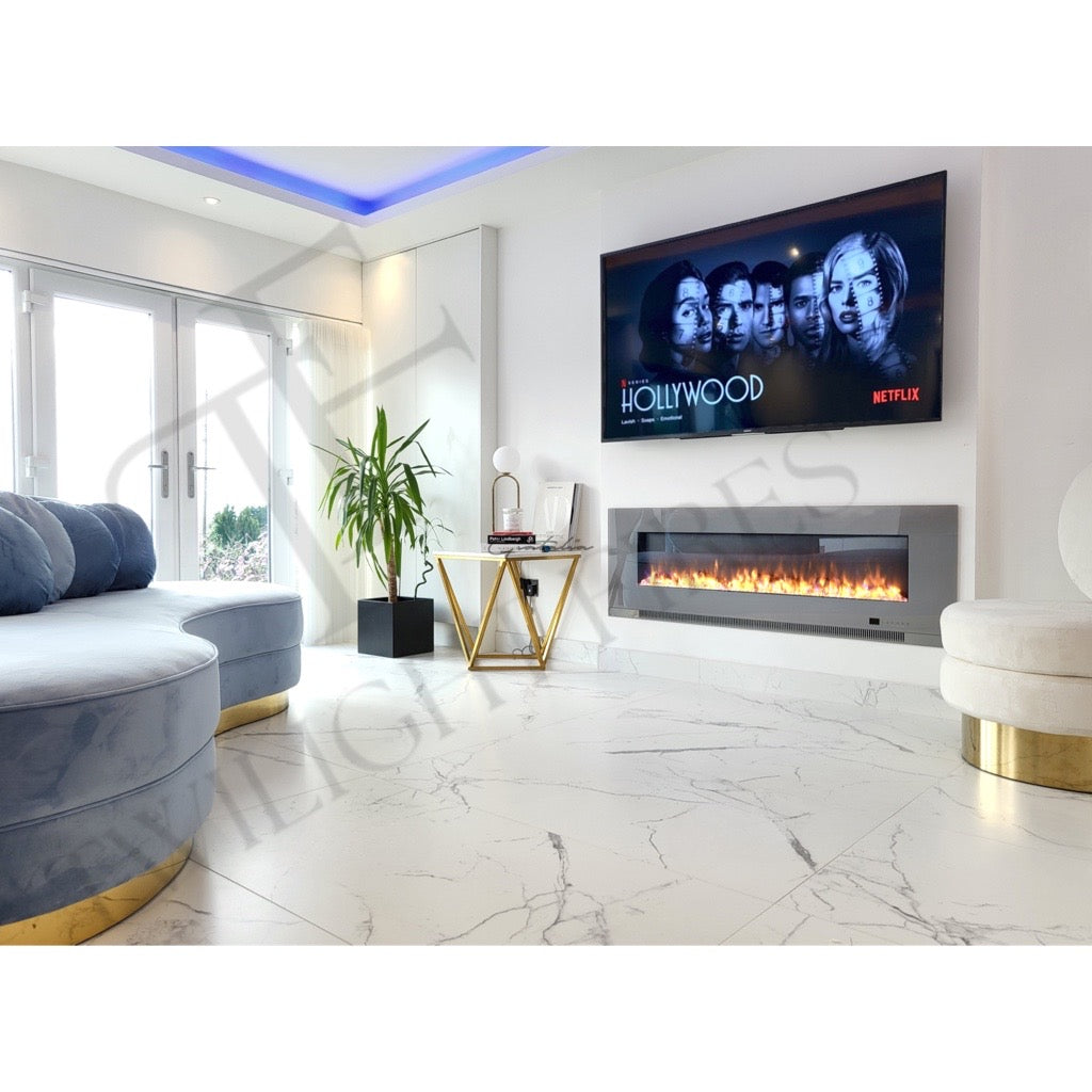 Aurora 60 Inch Media Wall Electric Fire Insert with a sleek grey frame, mounted below a wall-mounted television.