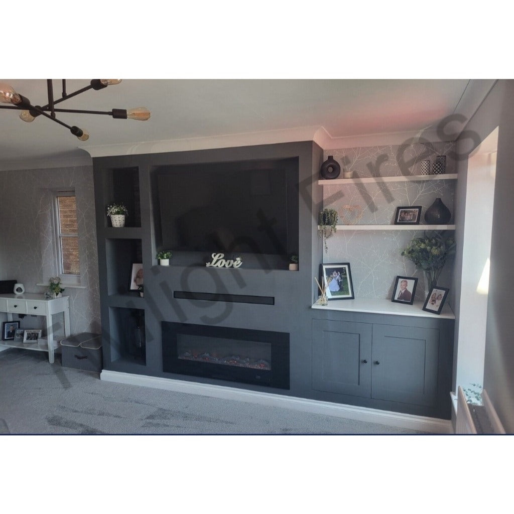 Aurora 78 Inch Media Wall Electric Fire Insert in a grey bespoke unit with shelving and integrated TV space.