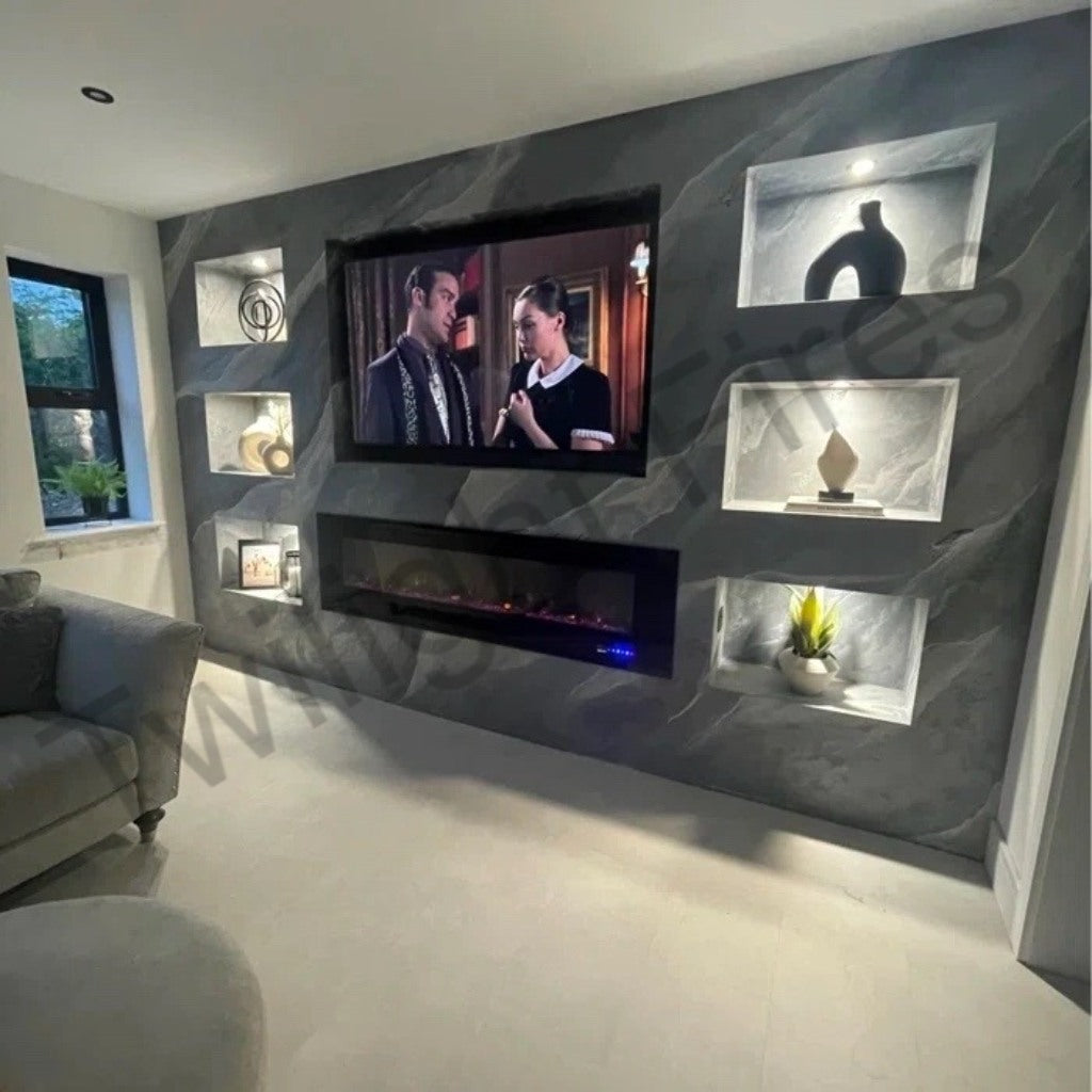 Aurora 78 Inch Media Wall Electric Fire Insert in a grey marble-effect feature wall with recessed illuminated shelving.