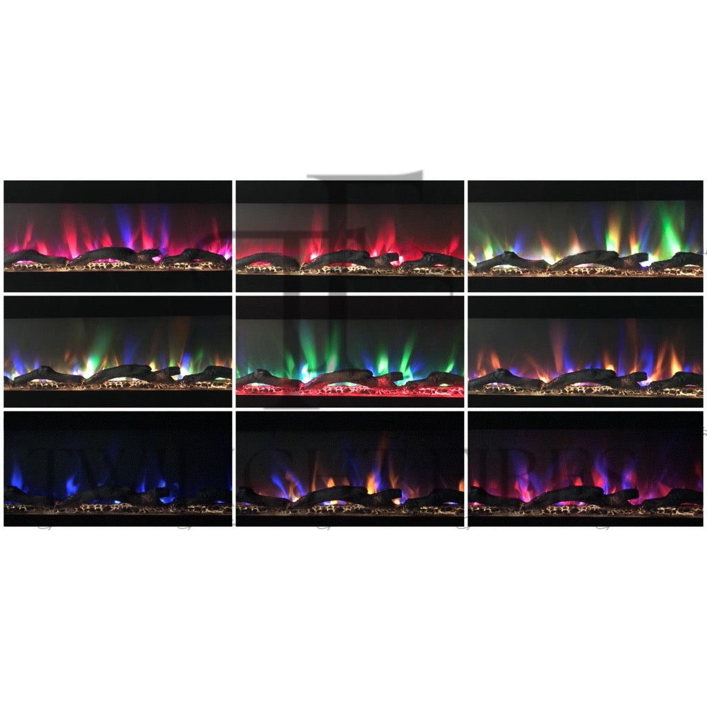 Aurora 78 Inch Media Wall Electric Fire Insert showing nine variations of multi-coloured LED flame effects on logs.