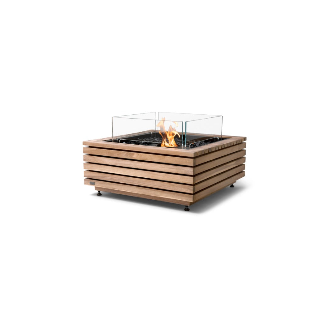 EcoSmart Fire Base 30 bioethanol fire pit with a slatted teak wood frame, glass wind guard, and central flame.