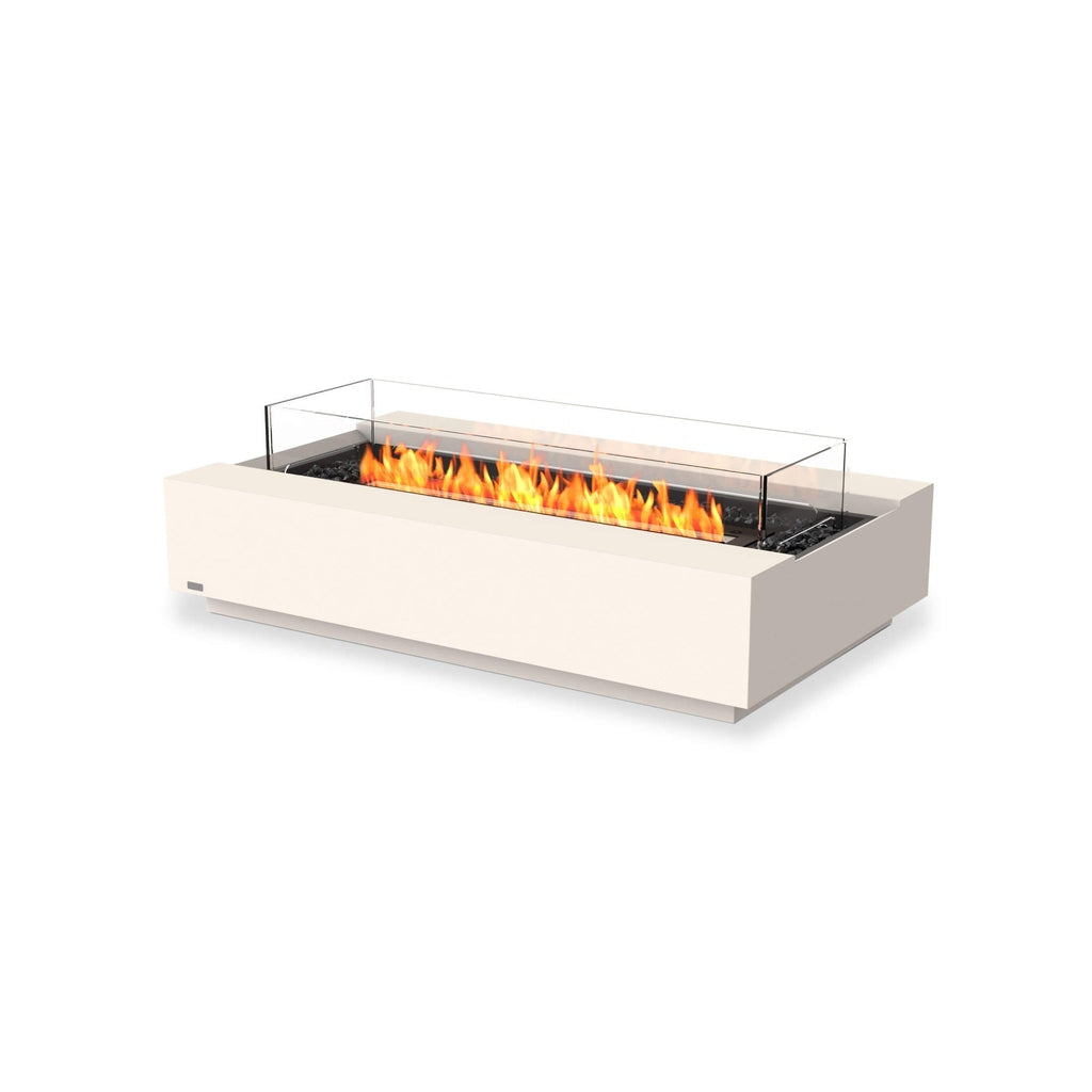EcoSmart Fire Cosmo 50 bioethanol fire pit table in cream with a rectangular glass screen and glowing orange flames.