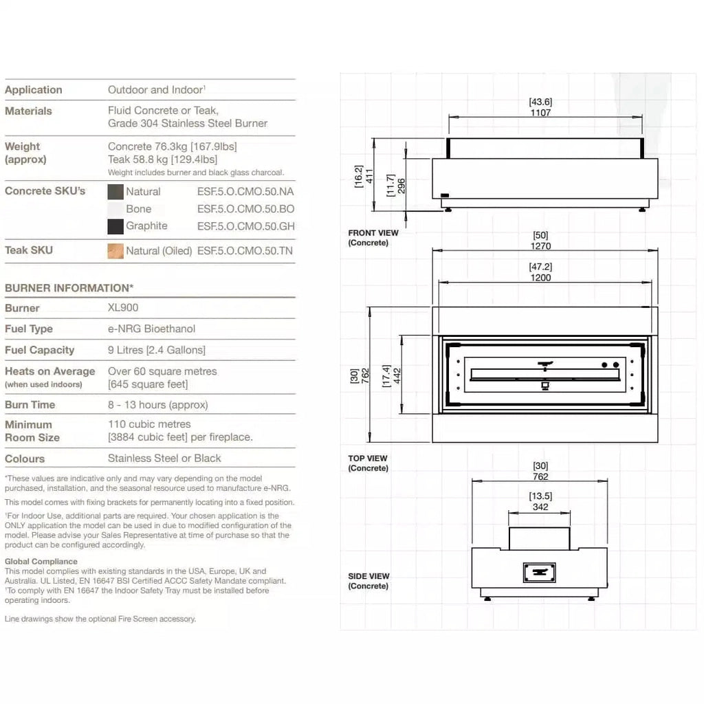 Technical line drawings showing front, top, and side dimensions for the EcoSmart Fire Cosmo 50 bioethanol fire pit table.