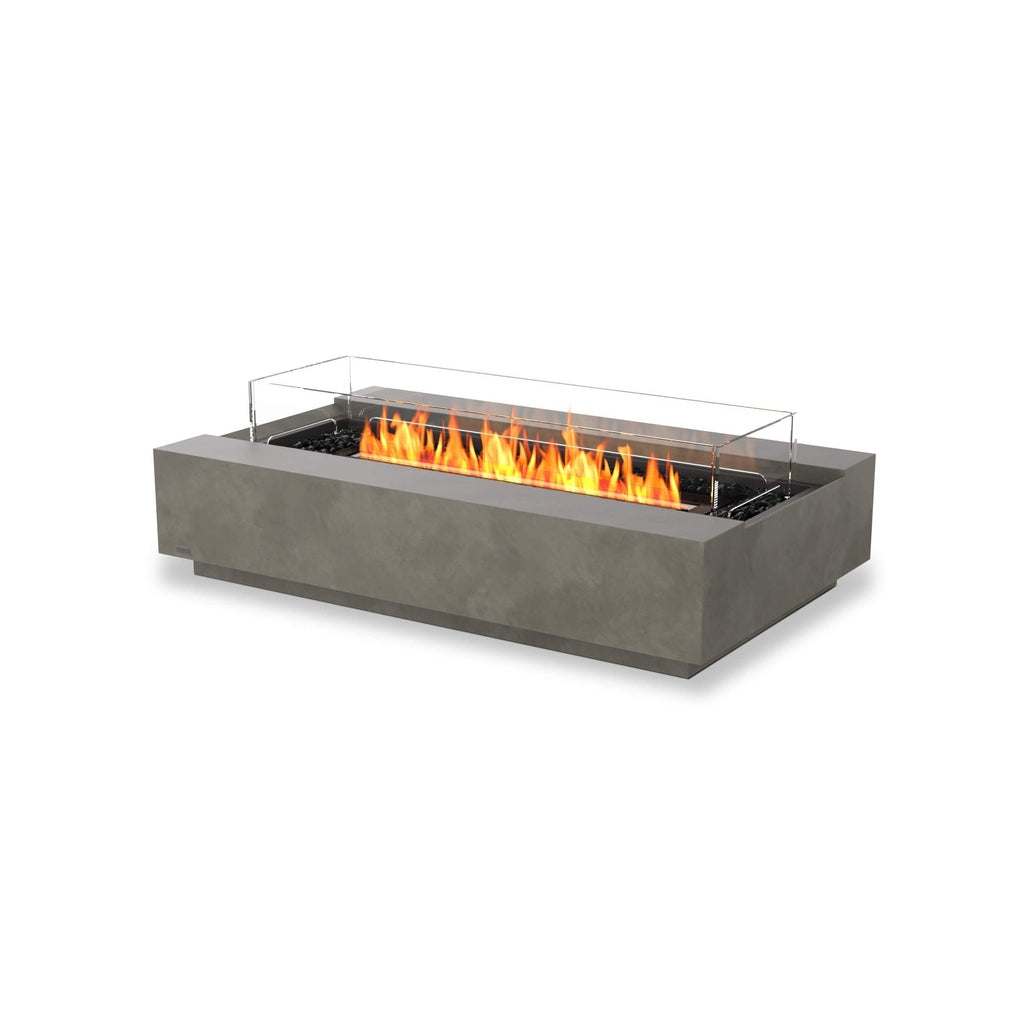 EcoSmart Fire Cosmo 50 bioethanol fire pit table in grey concrete with a glass screen and burning orange flames.