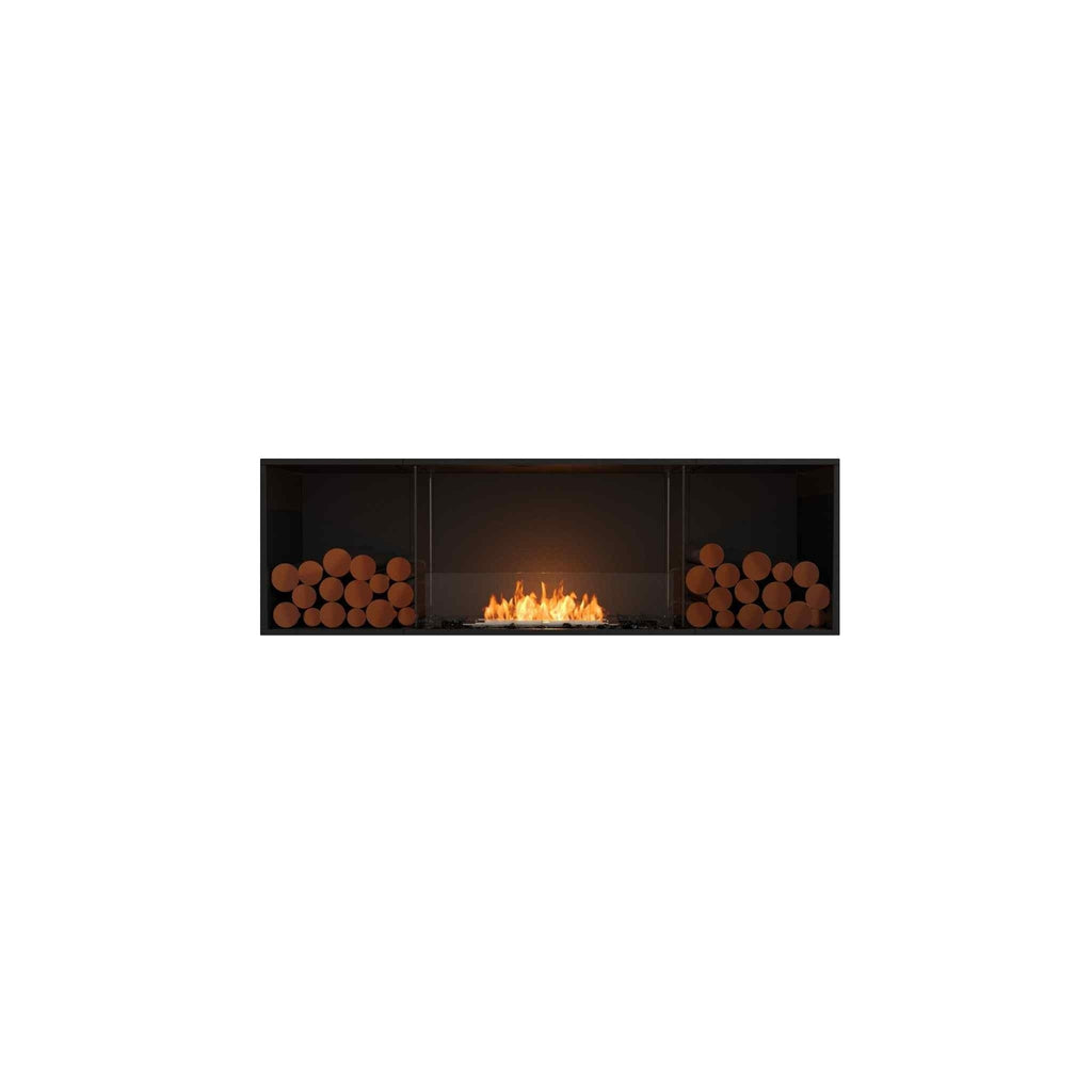 EcoSmart Fire Flex 68 bioethanol fireplace with a black frame, glass screen, and decorative logs on a white background.