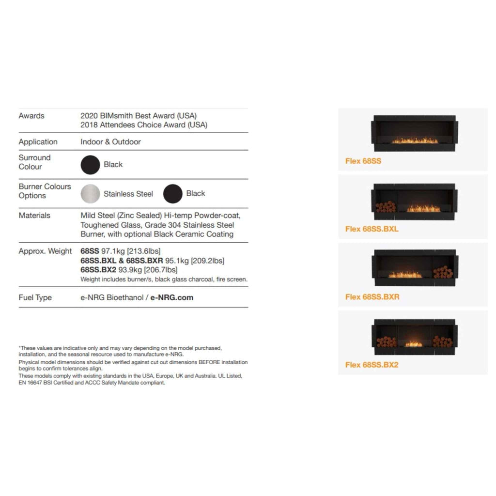 EcoSmart Fire Flex 68 specifications table showing four black fireplace models with varying internal configurations.