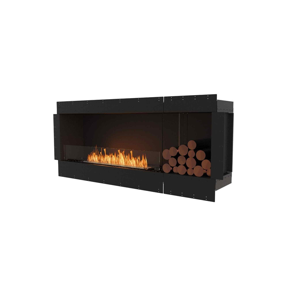 EcoSmart Fire Flex 68 bioethanol fireplace with a black frame, linear flame, and decorative log storage section.