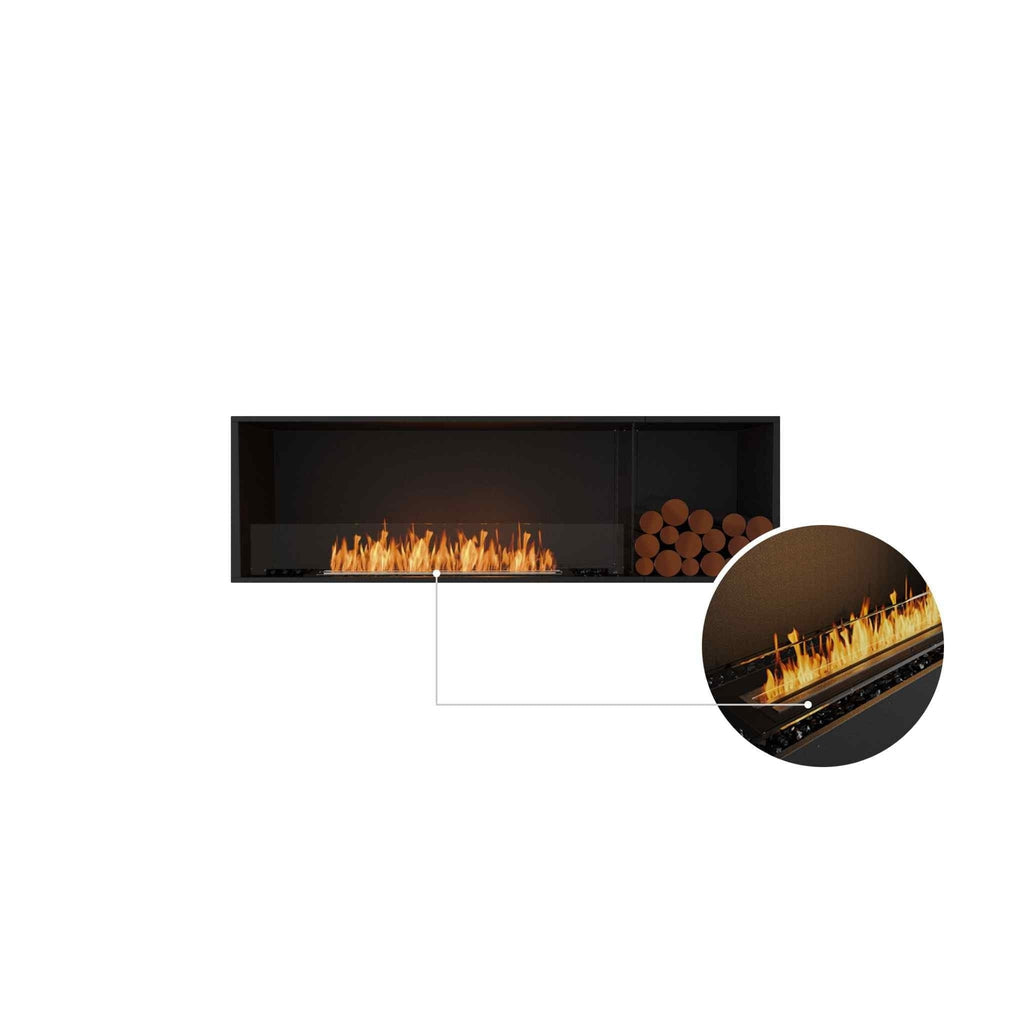 EcoSmart Fire Flex 68 bioethanol fireplace with a black frame, glass screen, and decorative logs, featuring a burner close-up.