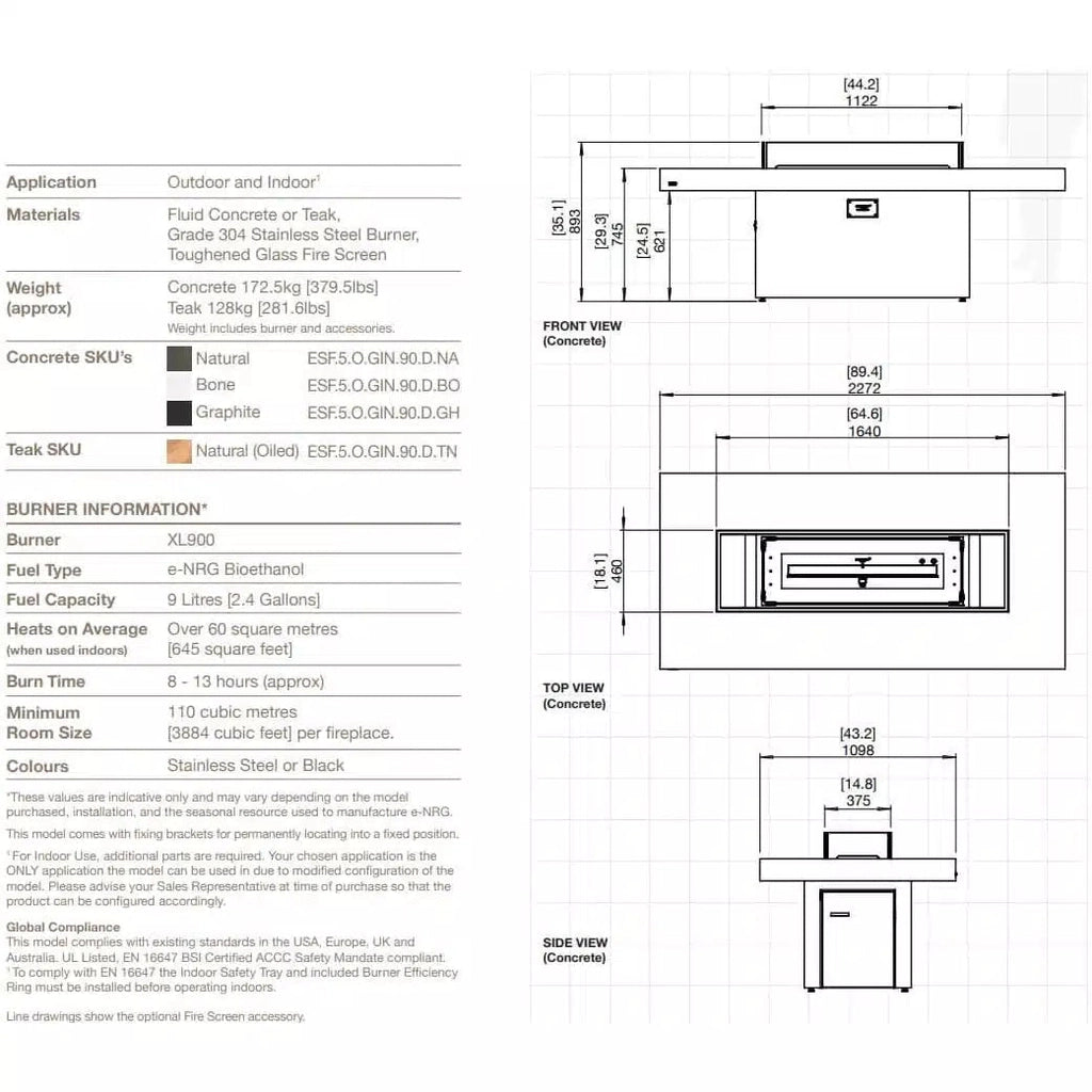 Technical line drawing showing front, top, and side dimensions for the EcoSmart Fire Gin 90 dining fire pit table.