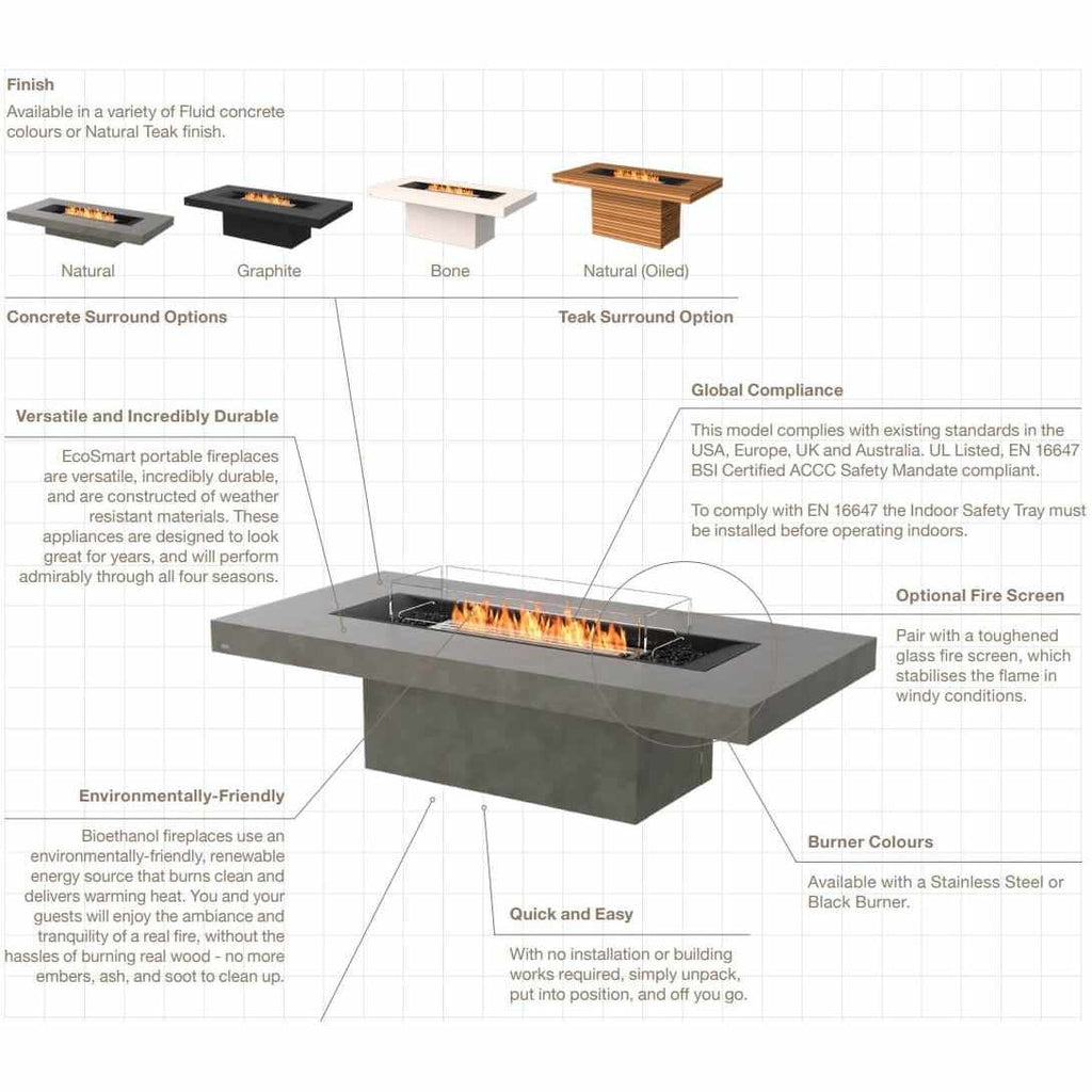 EcoSmart Fire Gin 90 (Low) bioethanol fire pit table in graphite concrete with a central burner and glass fire screen.