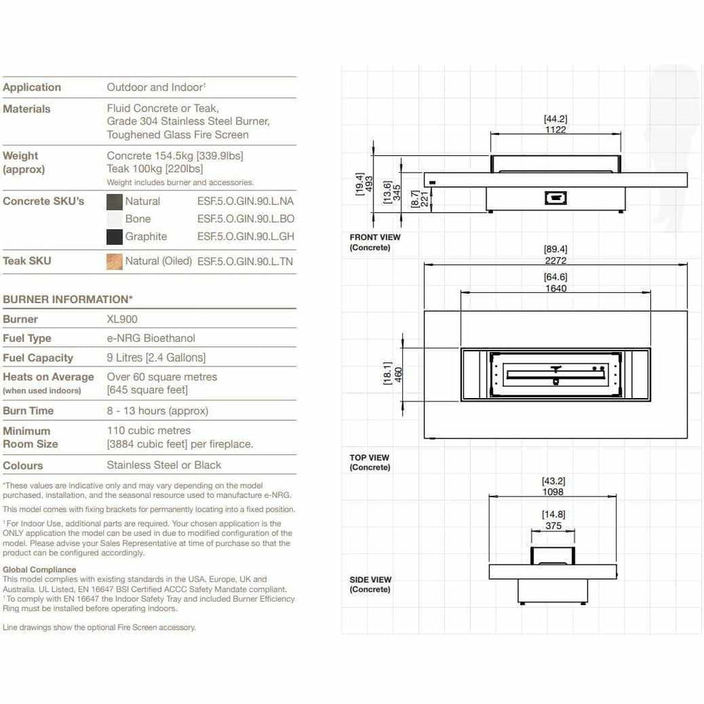Technical specification drawing for the EcoSmart Fire Gin 90 (Low) showing front, top, and side view dimensions.
