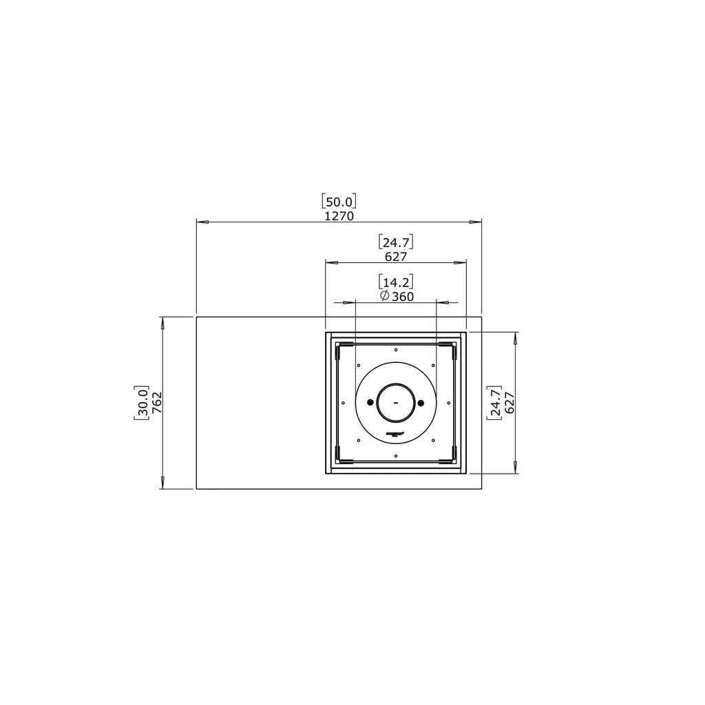 Technical plan view drawing of the EcoSmart Fire Manhattan 50 showing dimensions in millimetres and inches.