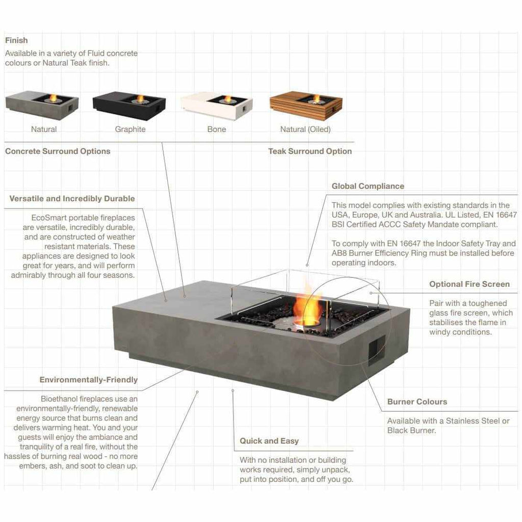 EcoSmart Fire Manhattan 50 bioethanol fire pit table in grey concrete with a central flame and glass fire screen.