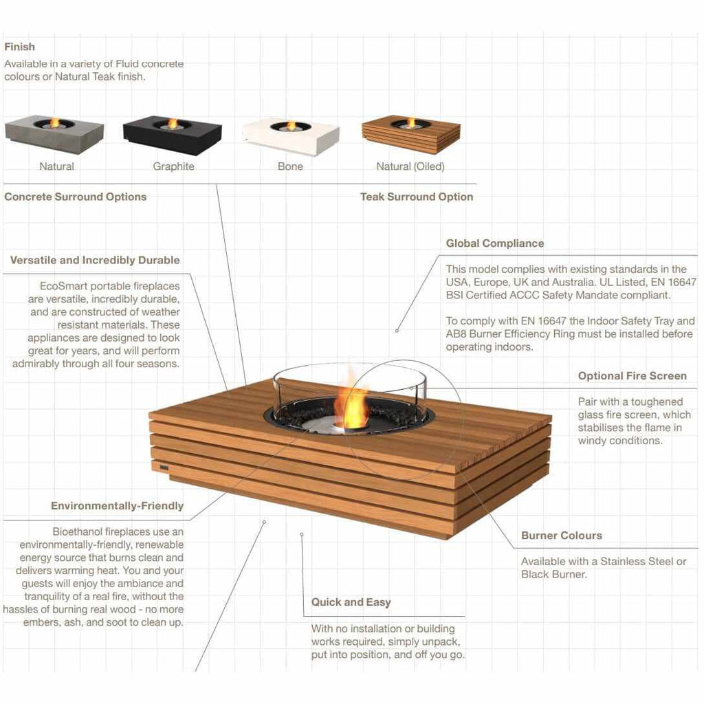 EcoSmart Fire Martini 50 bioethanol fire pit table in natural teak with a central burner and glass flame screen.