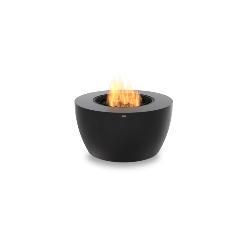 EcoSmart Fire Pod 40 bioethanol fire pit bowl in matte black with a central flame and dark decorative stones.