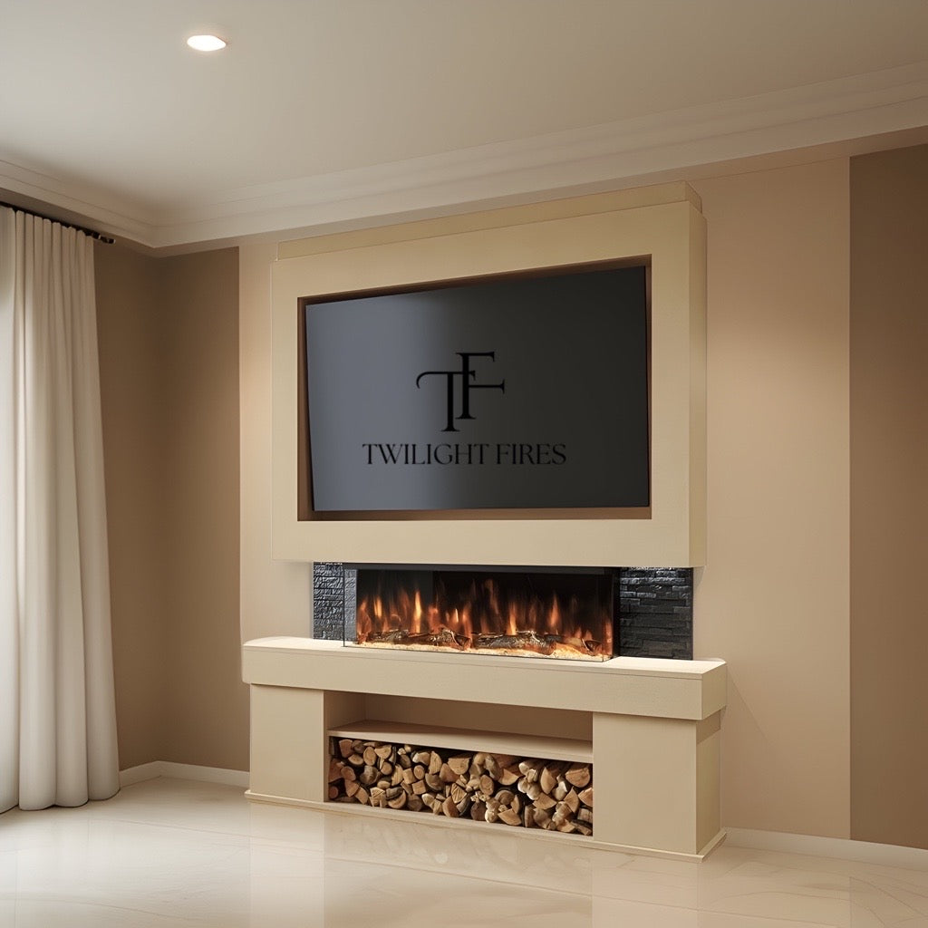 Emilia 72" pre-built media wall with a cream finish, integrated electric fireplace, and lower log storage shelf.