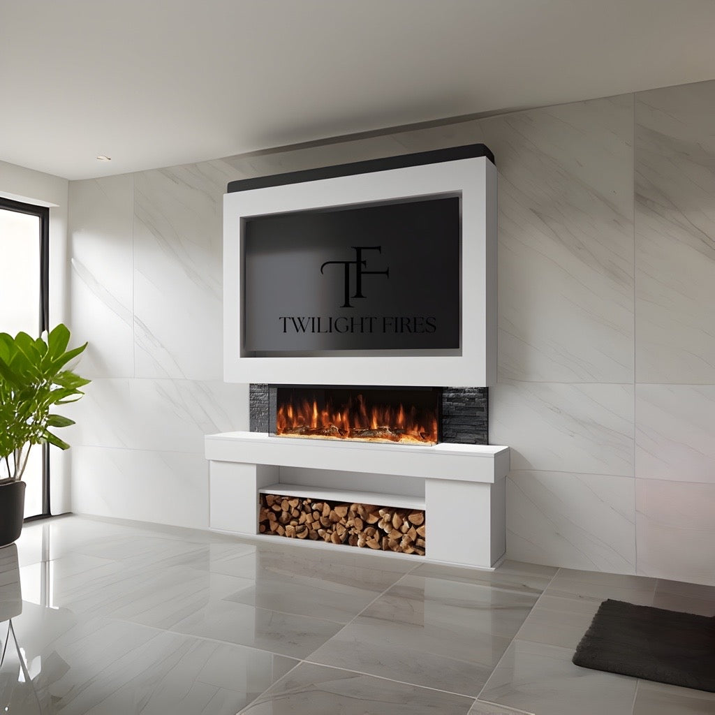 Emilia 72" white media wall fireplace with integrated electric fire, black slate detail, and log storage alcove.