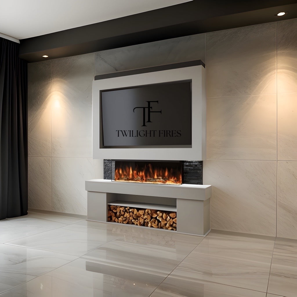 Emilia 72" pre-built media wall with electric fireplace, log storage, and light grey finish against a marble-effect wall.