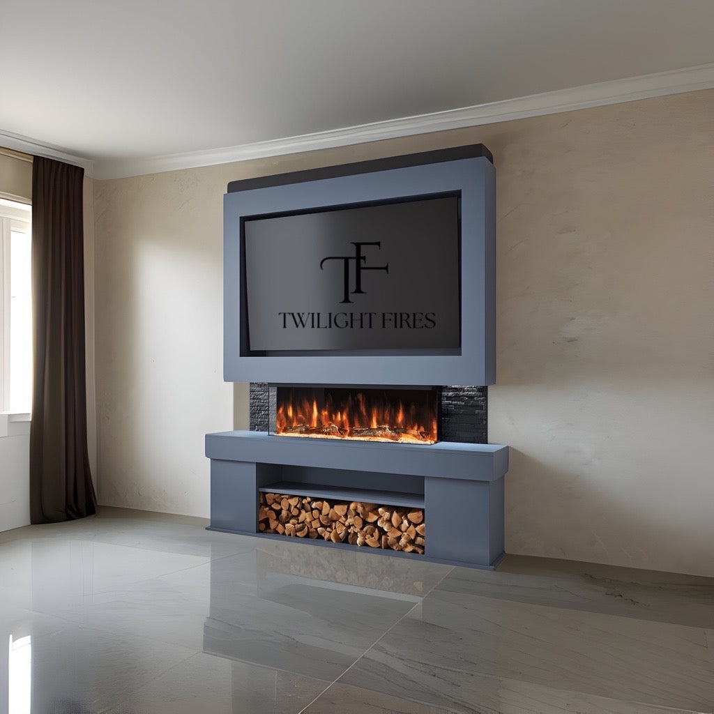 Emilia 72" pre-built blue media wall with an integrated electric fireplace, black slate detail, and log storage shelf.