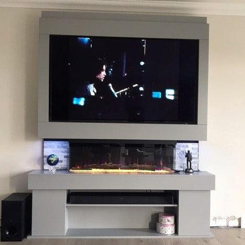 Emilia 72" pre-built grey media wall with integrated electric fireplace, TV mount, and lower storage shelf.