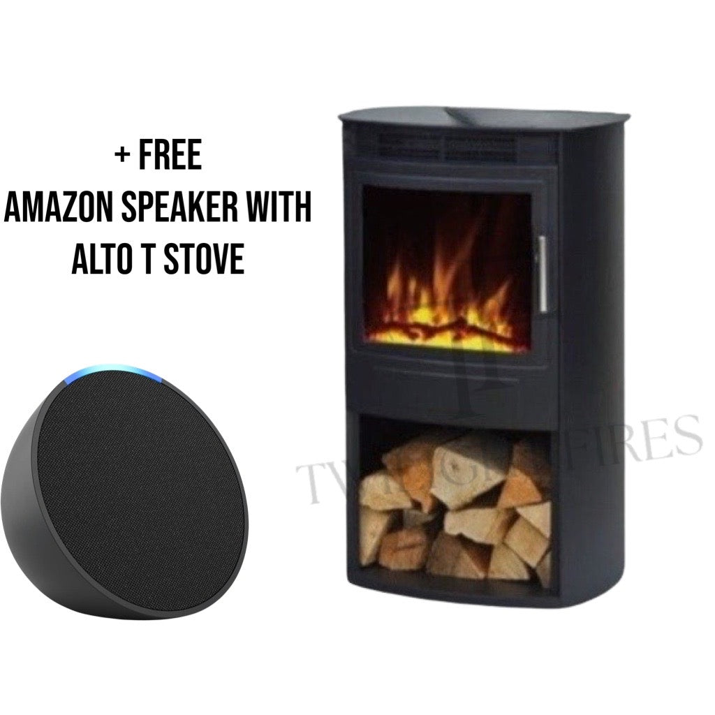 Flametek Alto T electric stove with a black finish, flame effect, log storage area, and a black smart speaker.
