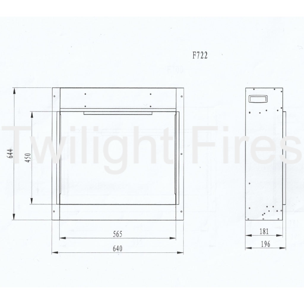 Technical line drawing of the Flametek F722 Electric Inset Fire showing front and side profile dimensions.