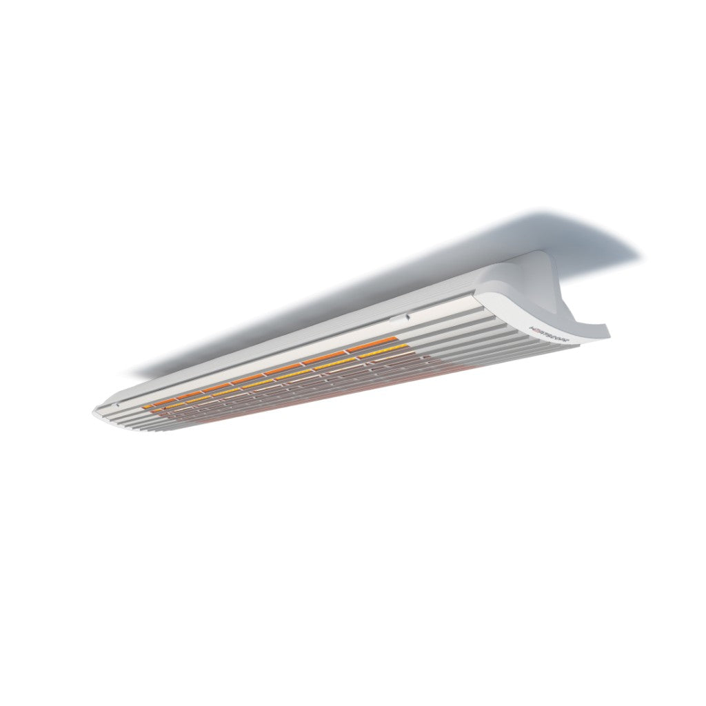 White Heatscope Heaters Pure+ 3000W electric radiant heater mounted on a ceiling with glowing orange heating elements.