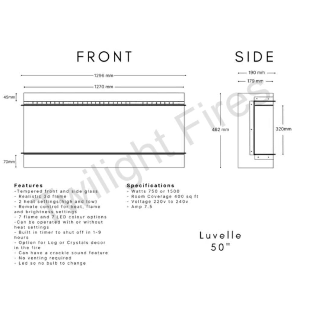 Technical line drawing showing front and side dimensions of the Luvelle 50” 3D Panoramic Media Wall Electric Fire.