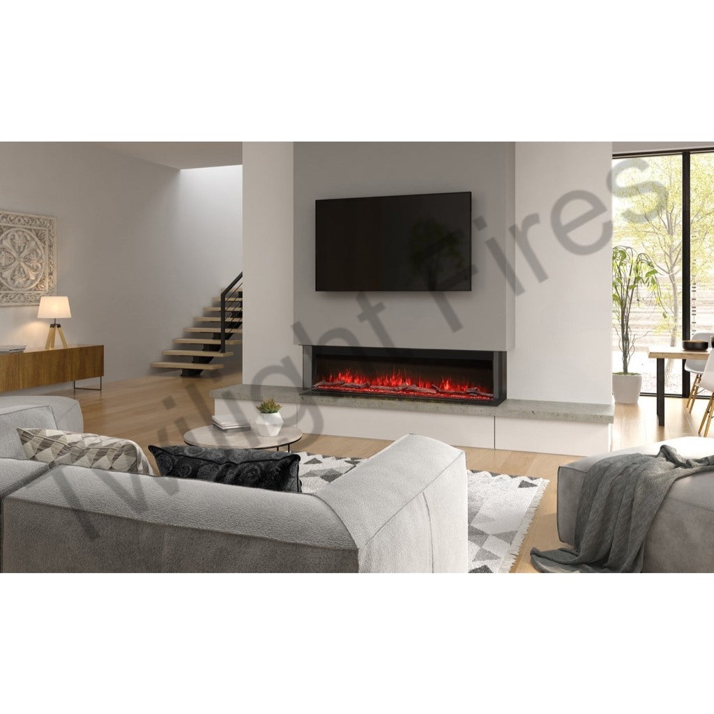 Luvelle 50” 3D panoramic electric fire with red flames, installed as a three-sided feature in a modern living room.