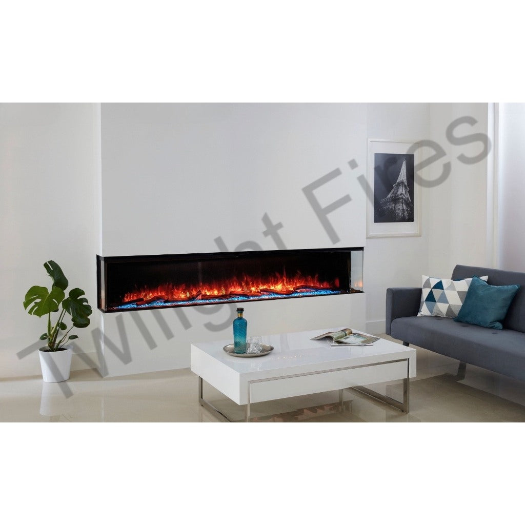 Luvelle 50” 3D panoramic electric fire with glowing orange flames and blue crystal embers in a white media wall.