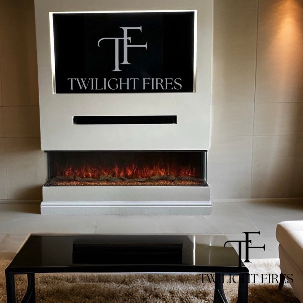 Luvelle 80” panoramic electric fire with a three-sided glass design and glowing orange flame effect in a media wall.