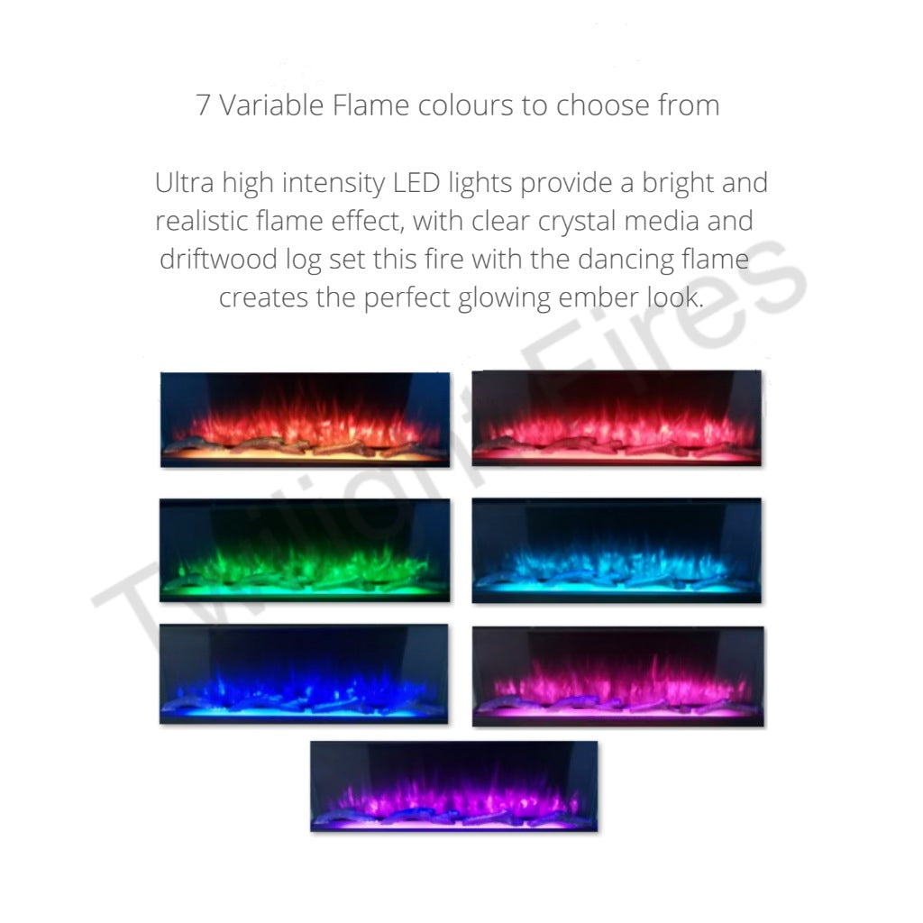 Luvelle 80” Panoramic Electric Fire showing seven different LED flame colour settings with driftwood and crystal logs.