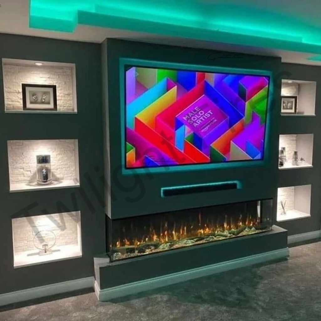 Luvelle 80” panoramic electric fire in a grey media wall with a mounted television and illuminated side alcoves.