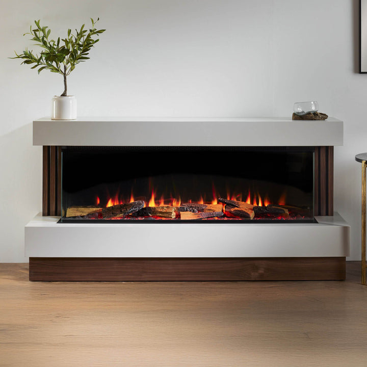 OER Milano Electric Fireplace Suite in Parchment with Walnut accents - modern media wall style easy install flat wall fix electric fire