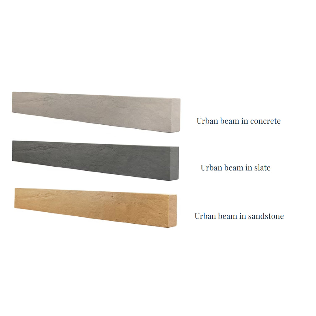 OER 48 inch Urban fireplace beams in concrete, slate, and sandstone finishes shown against a white background.