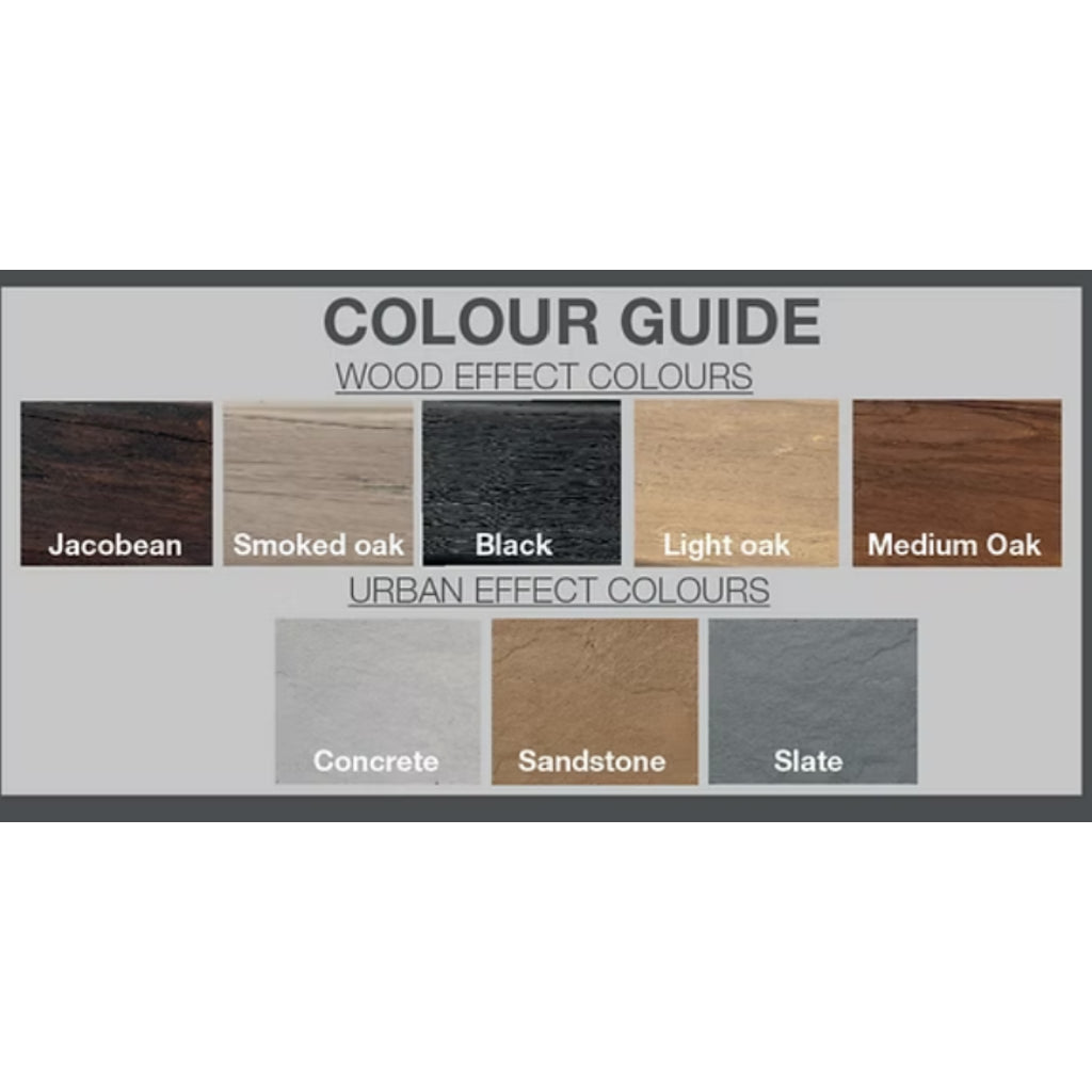 Colour guide for OER Classic fireplace beams showing wood effect and urban effect finish options.