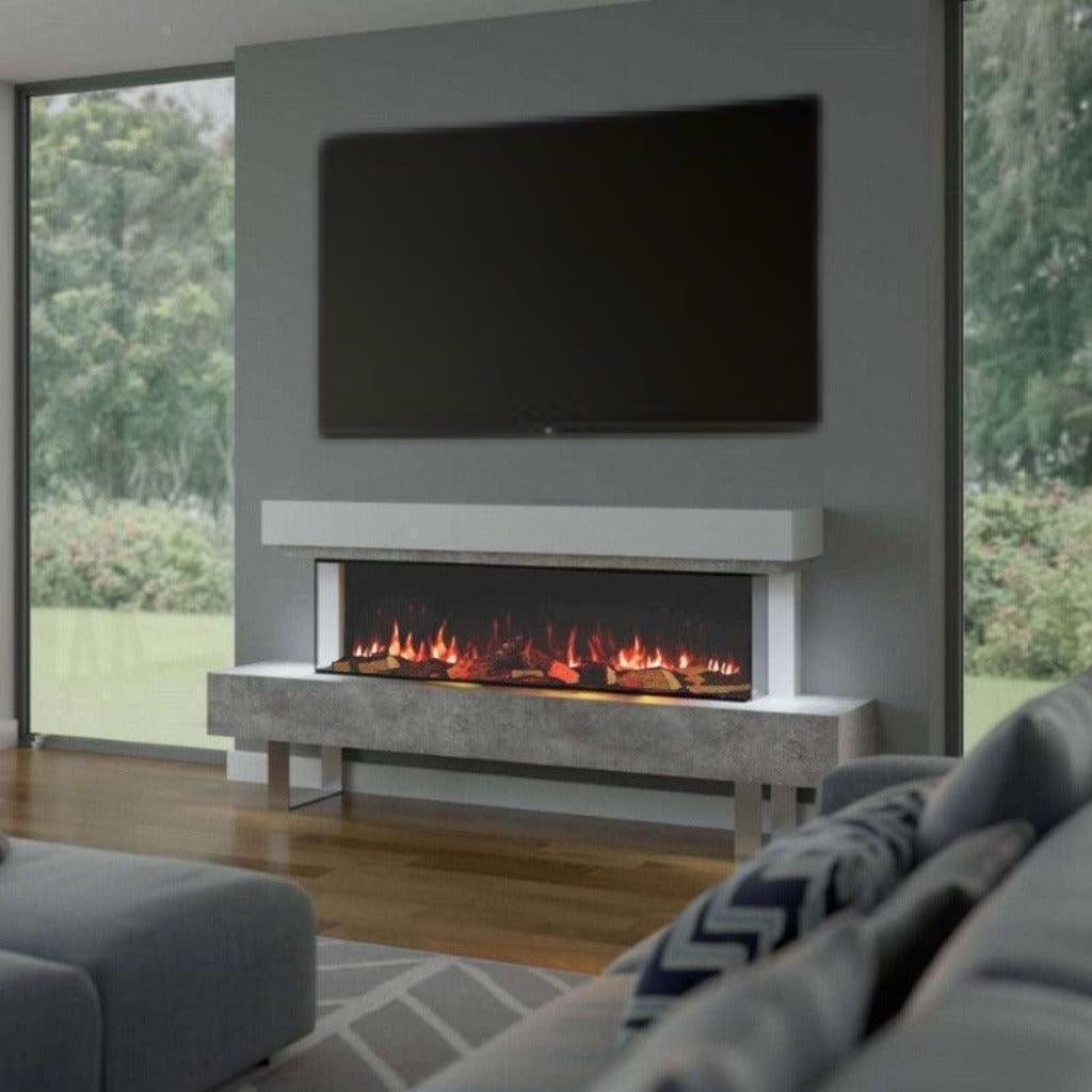 OER Olympia 1500 electric fireplace suite with a grey stone-effect base, white mantel, and wide flame display.