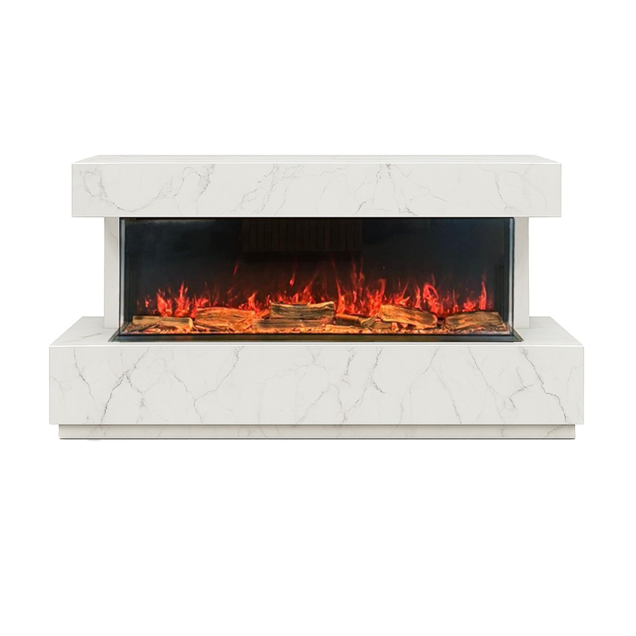 Solace 67 marble media wall suite with a wide electric fire featuring realistic glowing logs and orange flames.
