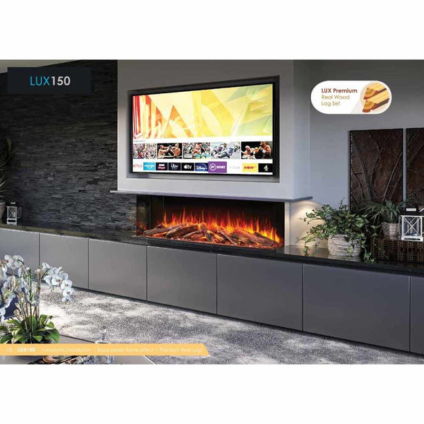 Solution Fires LUX 150 electric fire with realistic log set, set in a modern grey media wall below a wall-mounted TV.