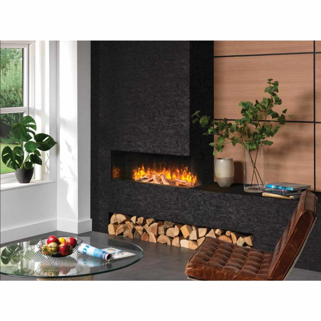 Solution Fires SLE100 HD panoramic electric fire in a black textured media wall with a log storage compartment.