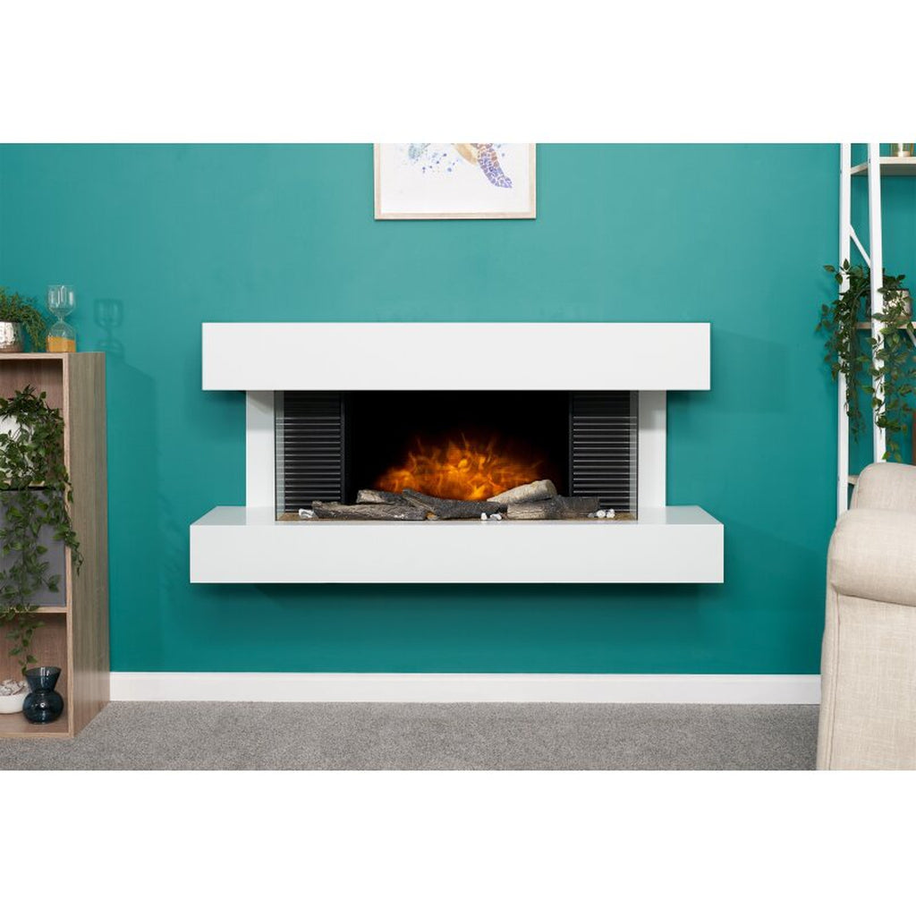 48 inch white wall mounted electric suite with a realistic log flame effect, set against a teal wall.