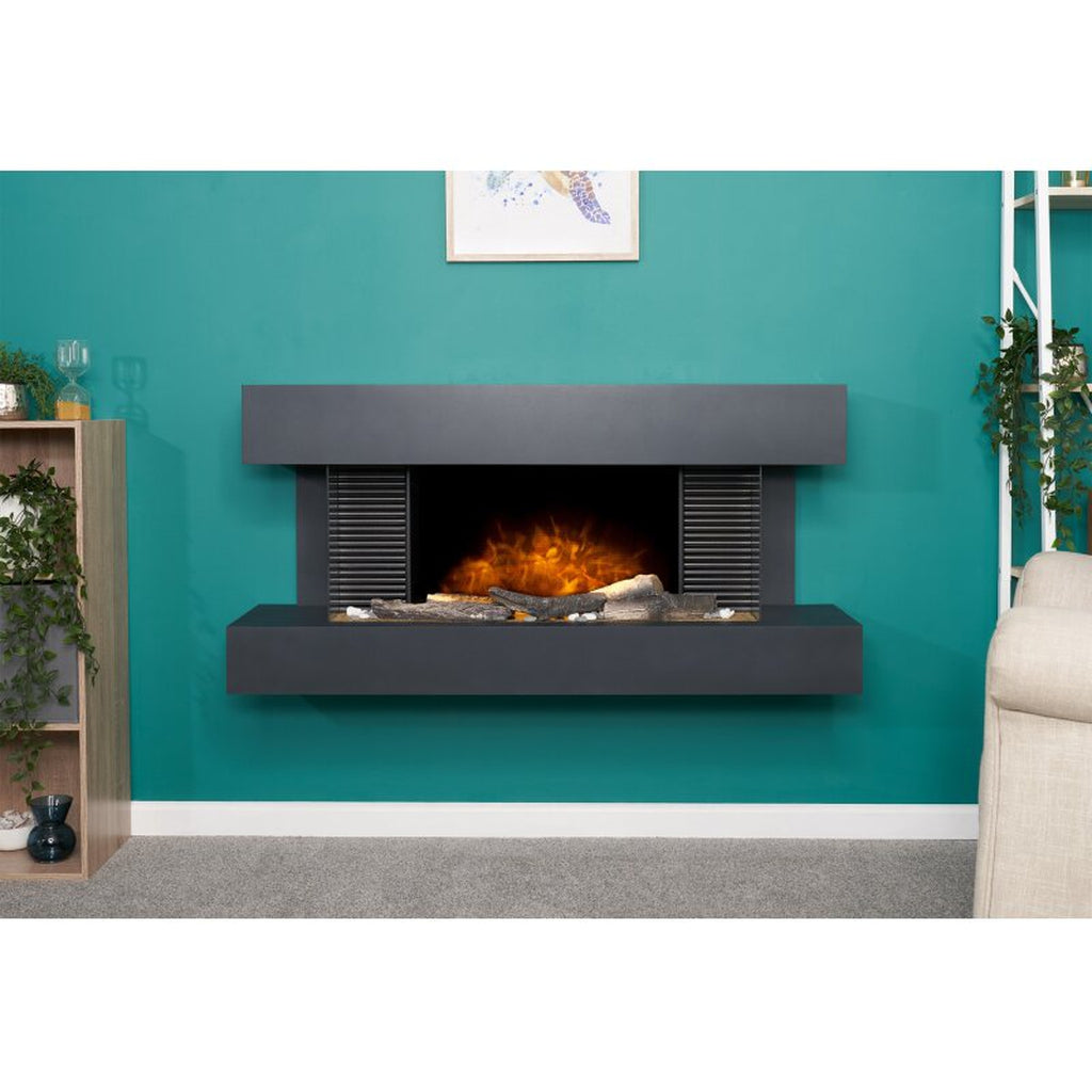 48 inch wall mounted electric suite with a matte black finish, featuring a realistic log flame effect on a teal wall.