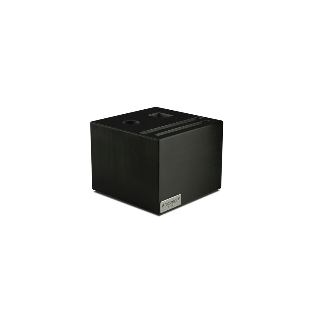 Black brushed metal EcoSmart Fire accessory holder with a square top featuring cut-outs and a silver brand plaque.