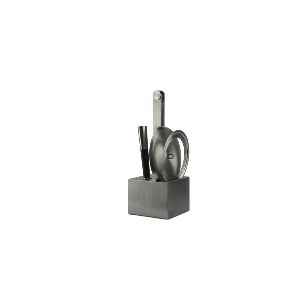 EcoSmart Fire Accessory Holder in brushed stainless steel with a square base, holding a tool and circular lid.